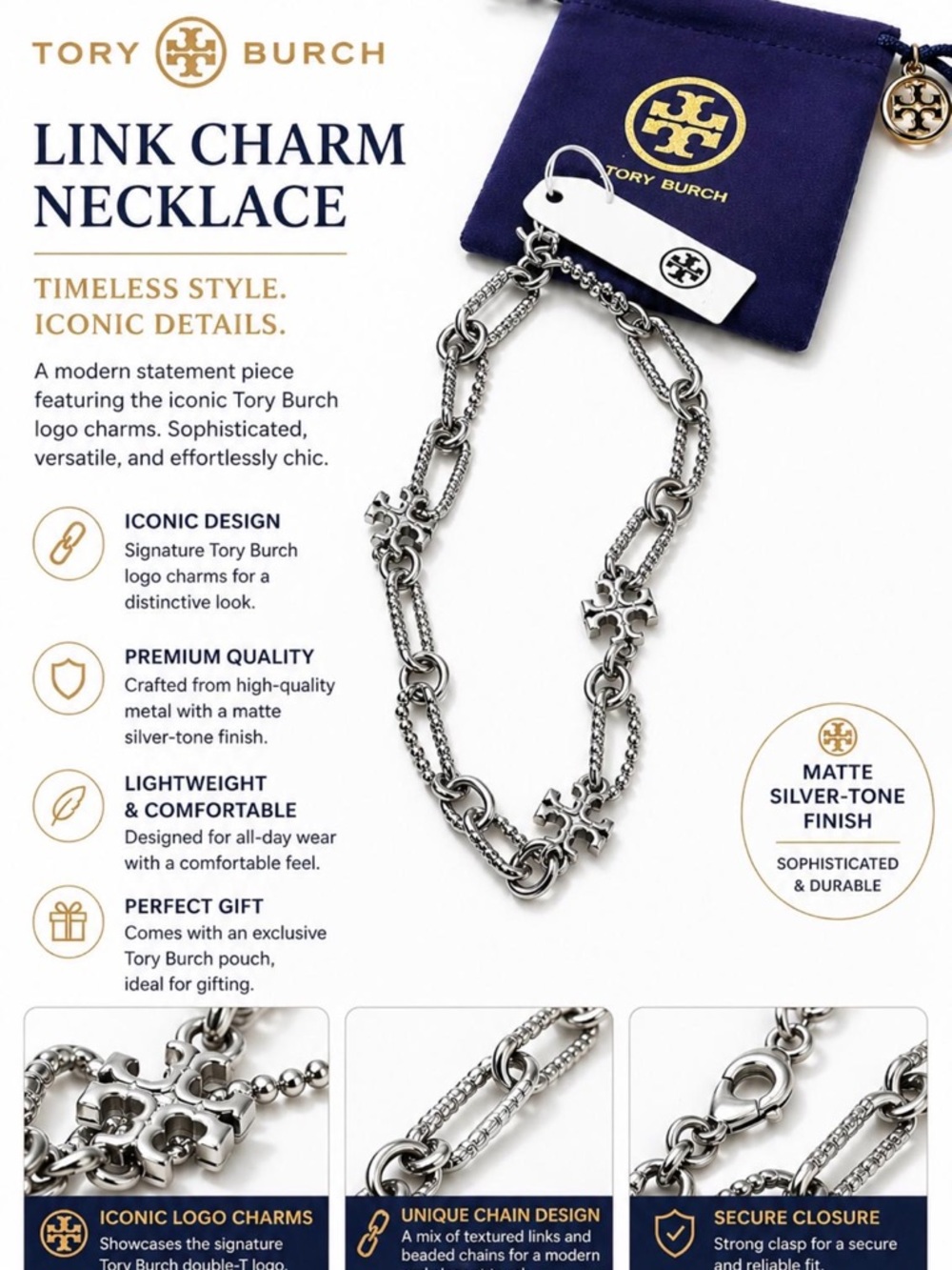 Tory Burch Matte Silver-Tone Link Charm Necklace with Logo Charms